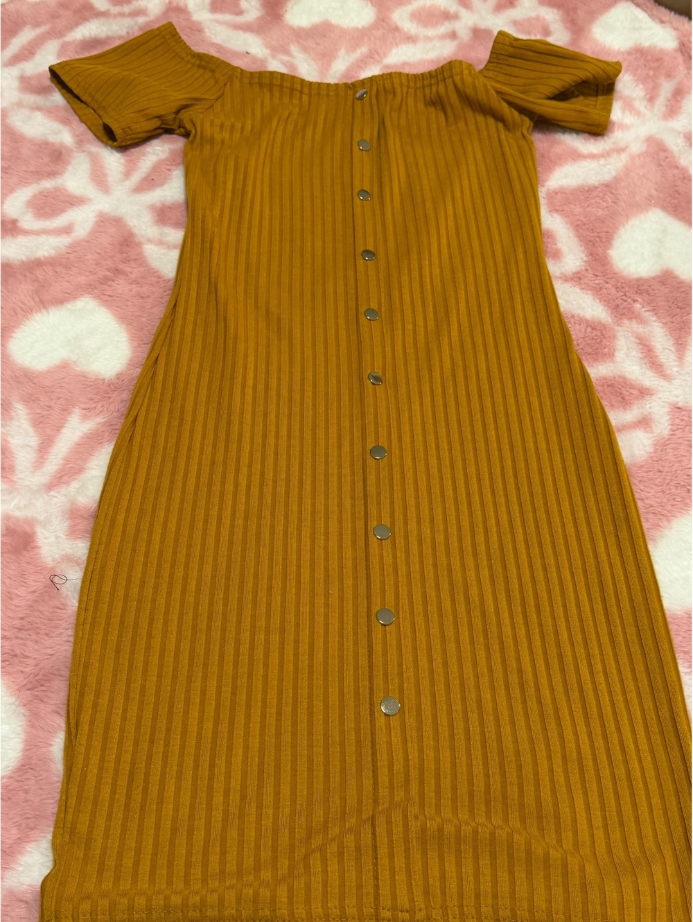 Say What Women's Off-Shoulder Ribbed Button-Front Dress, Size Small, Mustard